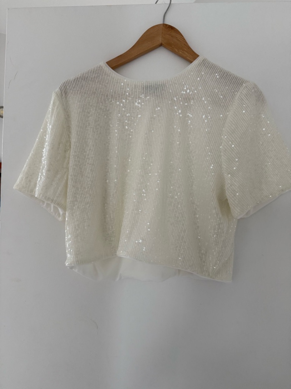 Express White Sequin Short-Sleeve Crop Top